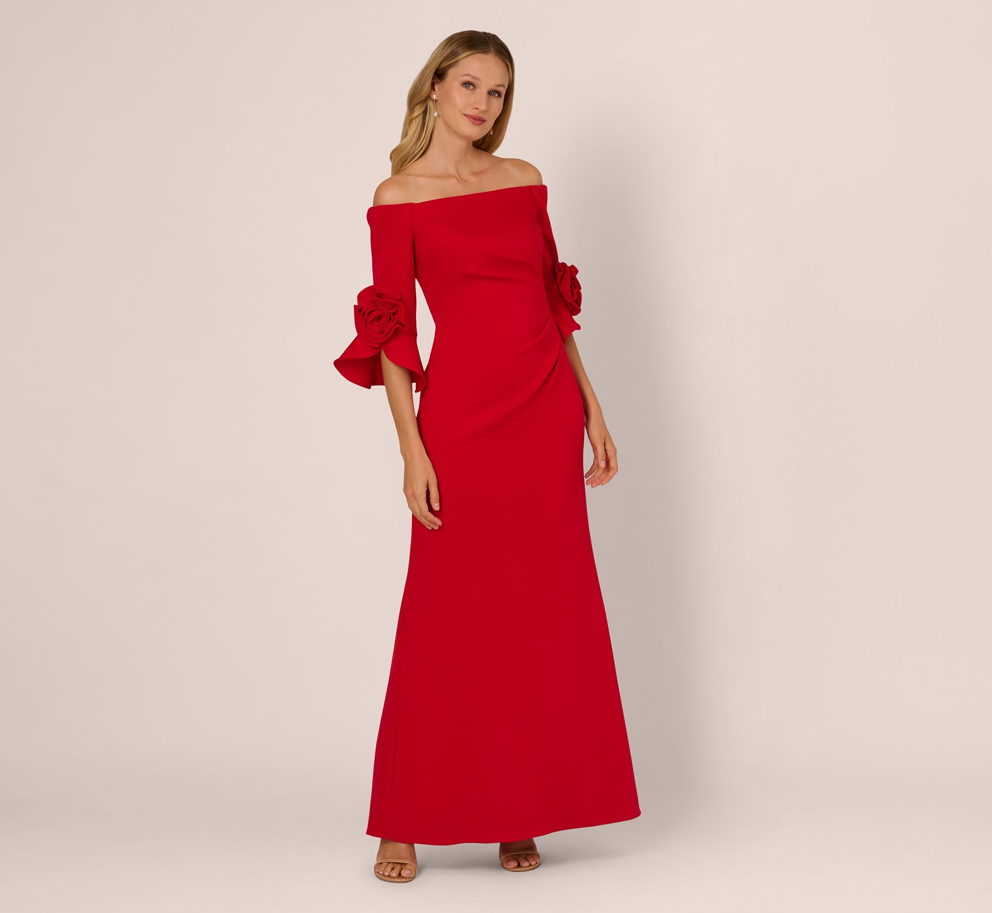Off Shoulder Bell Sleeve Rosette Gown In Super Red