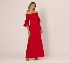 Off Shoulder Bell Sleeve Rosette Gown In Super Red