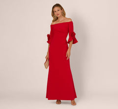Off Shoulder Bell Sleeve Rosette Gown In Super Red