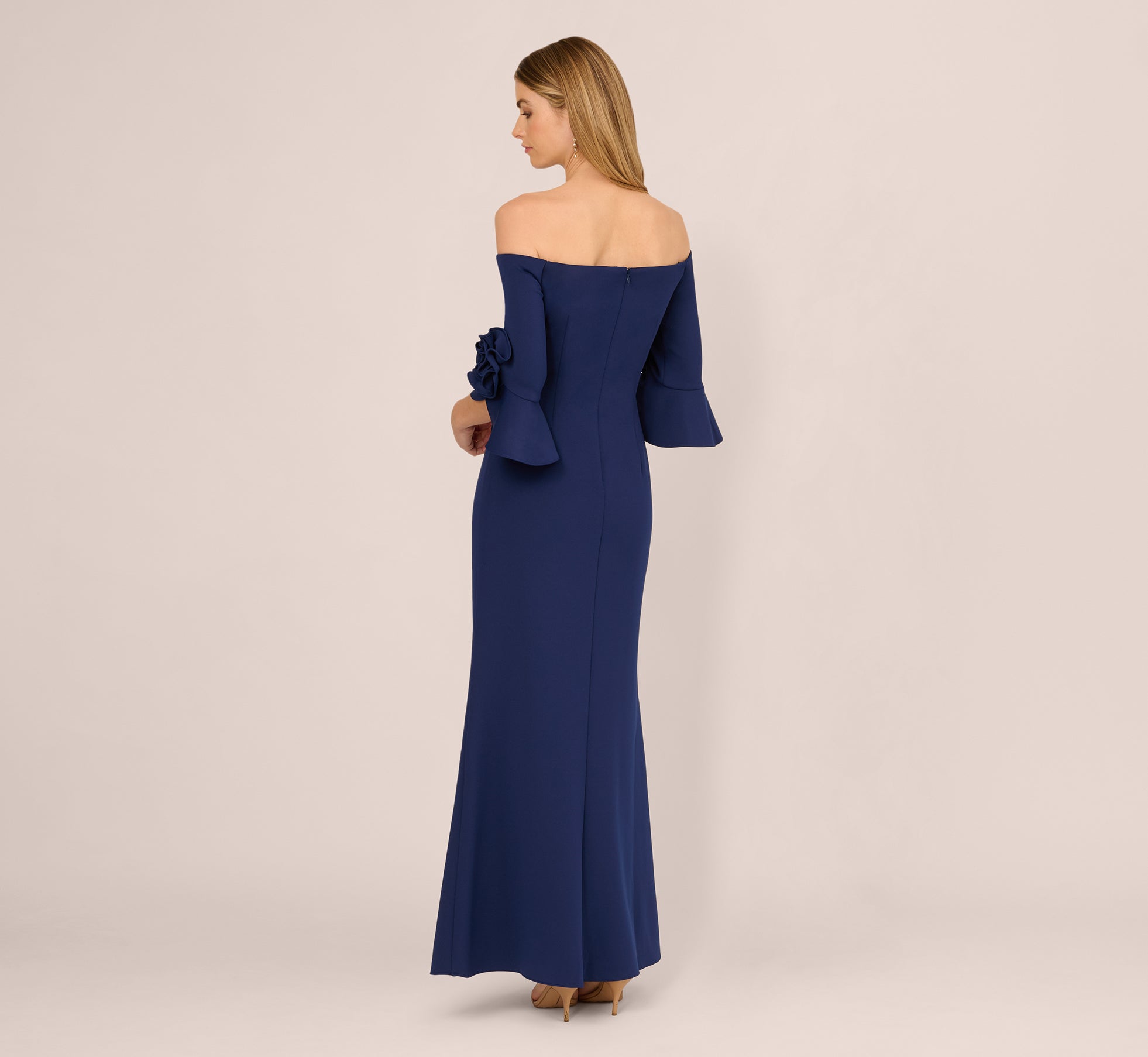 Off Shoulder Bell Sleeve Rosette Gown In Navy Sateen