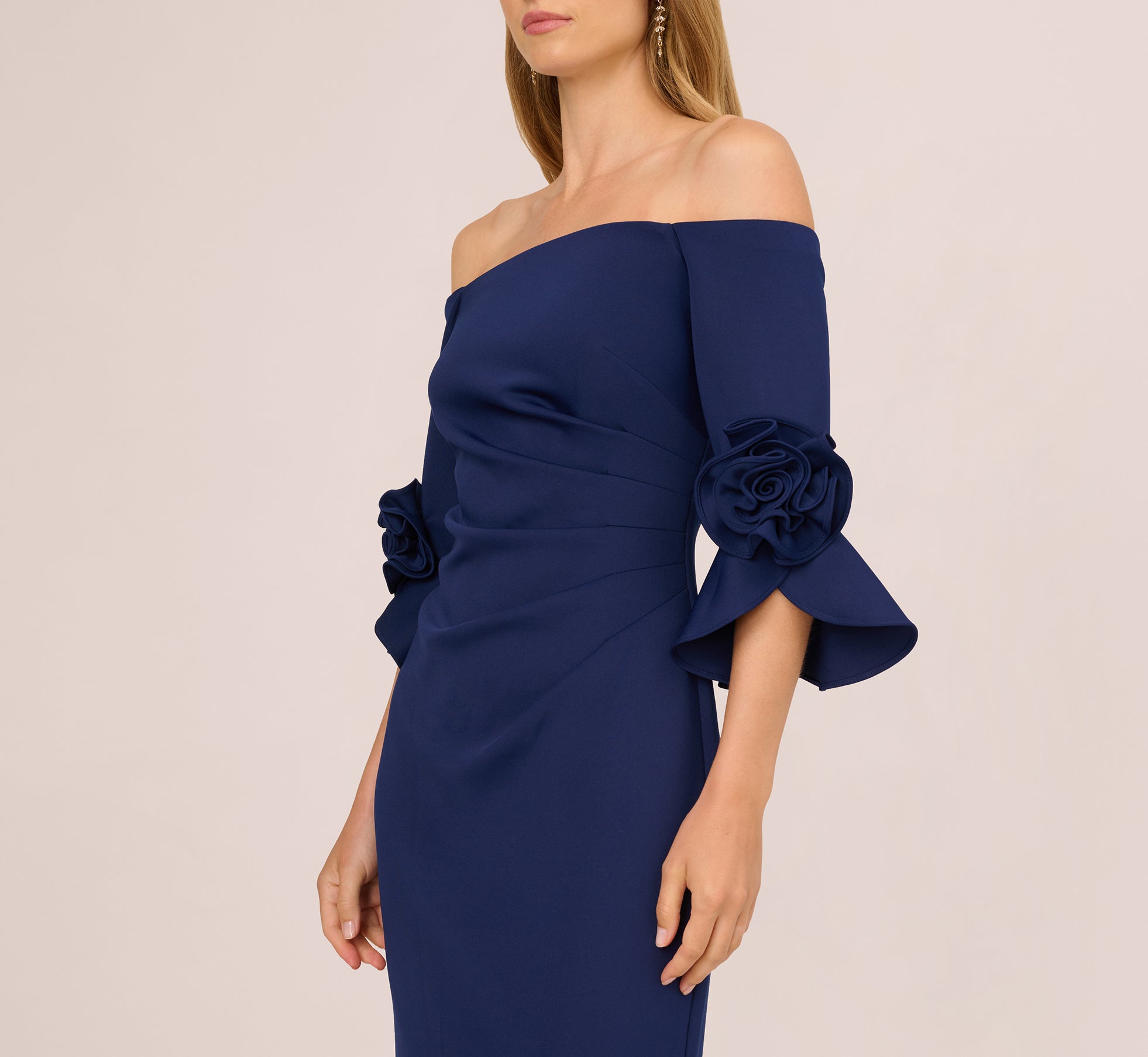 Off Shoulder Bell Sleeve Rosette Gown In Navy Sateen