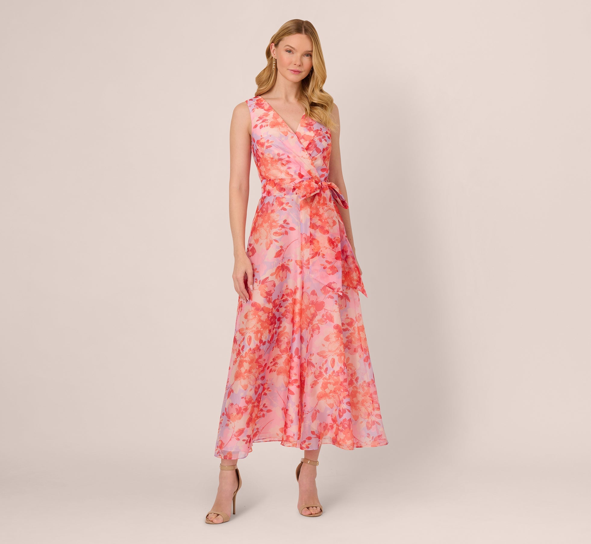 Sleeveless Floral Organza Wide Leg Jumpsuit In Peri Coral Multi