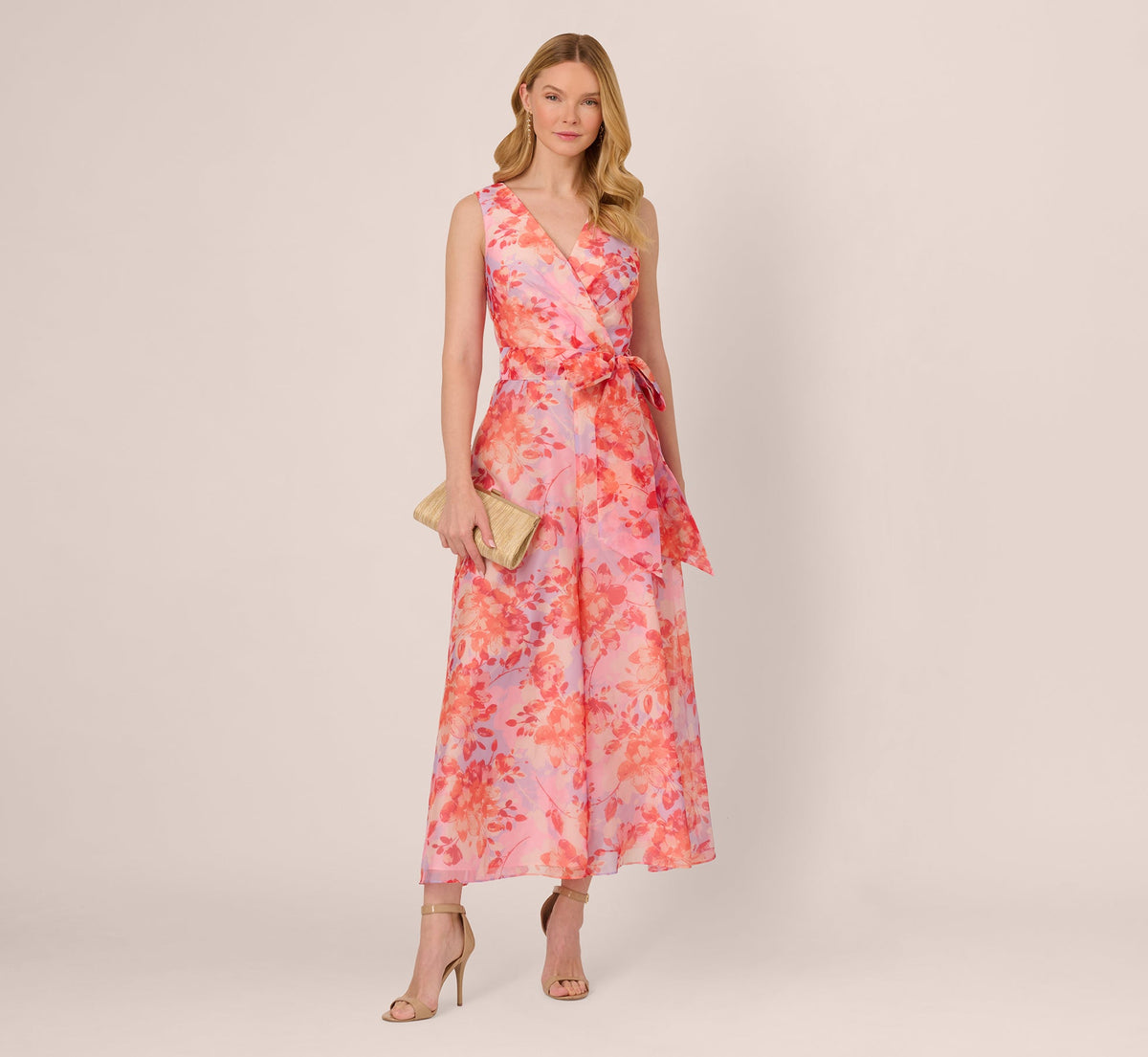 Sleeveless Floral Organza Wide Leg Jumpsuit In Peri Coral Multi