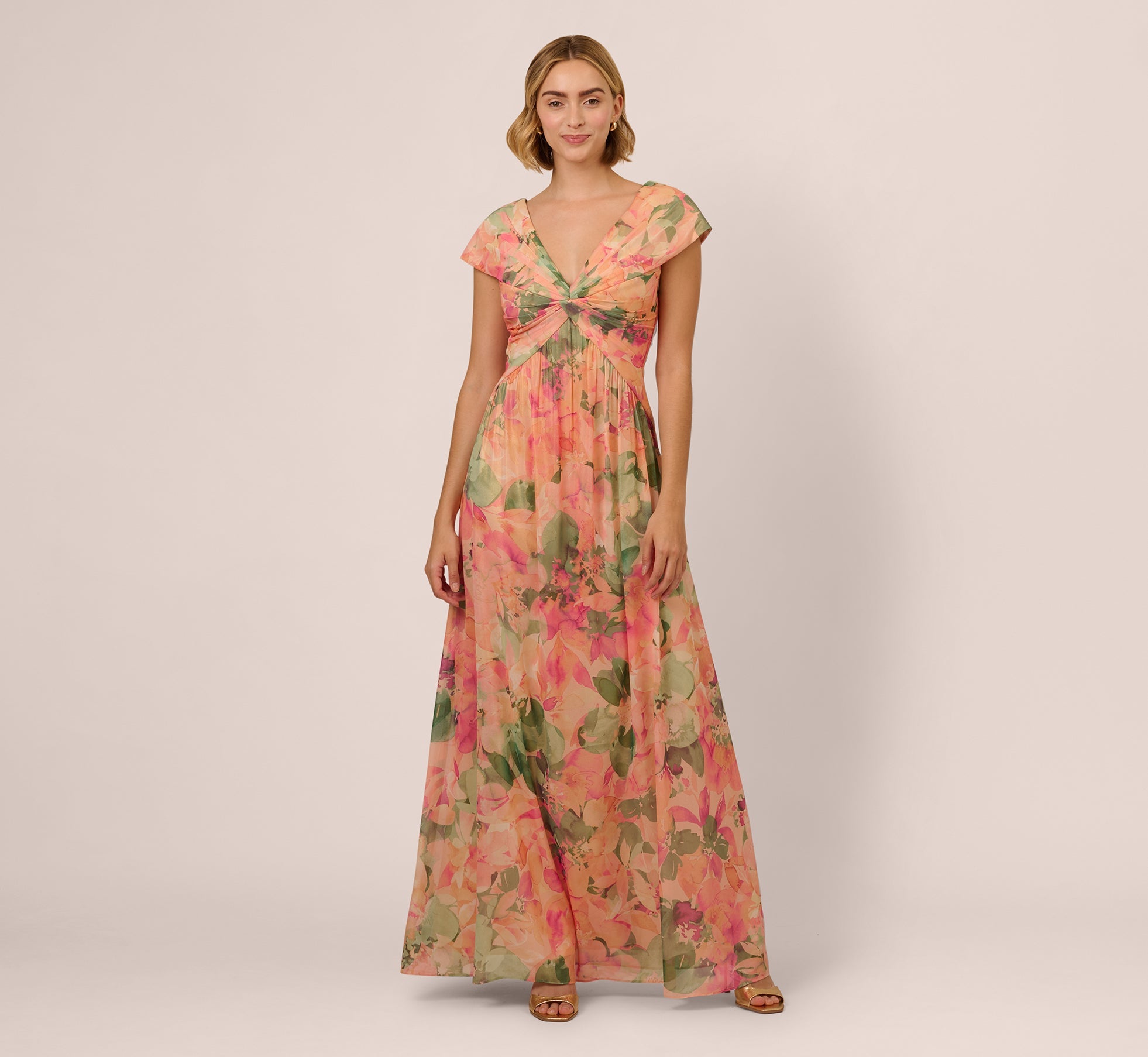Printed Front Twist Gown In Blush Multi