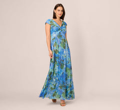 Printed Front Twist Gown In Green Blue Multi