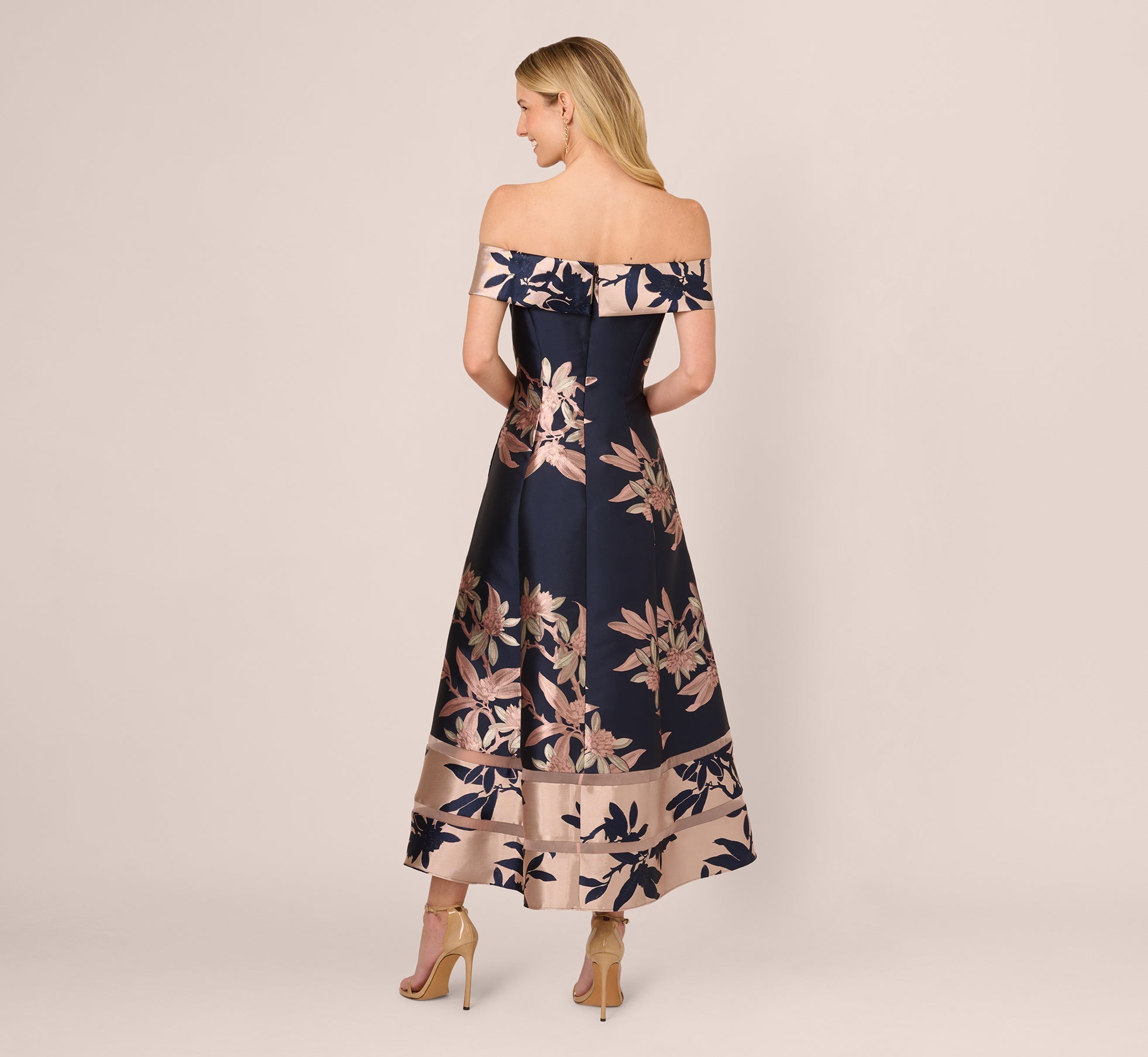 Off Shoulder 2 Tone Jacquard Fit And Flare Midi Dress In Navy Blush
