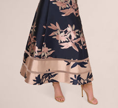Off Shoulder 2 Tone Jacquard Fit And Flare Midi Dress In Navy Blush