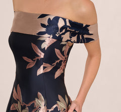 Off Shoulder 2 Tone Jacquard Fit And Flare Midi Dress In Navy Blush