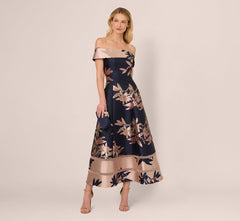 Off Shoulder 2 Tone Jacquard Fit And Flare Midi Dress In Navy Blush