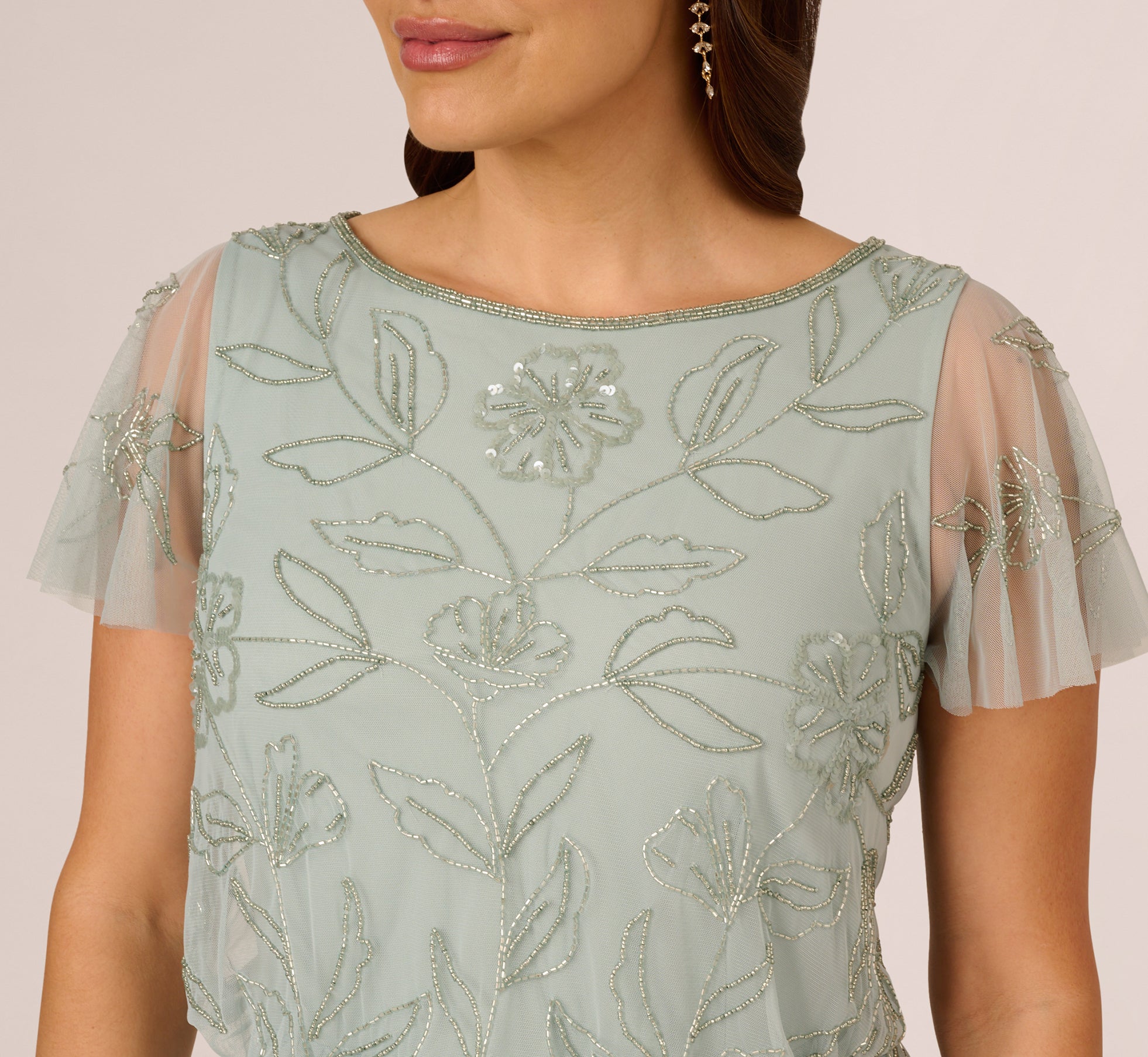 Plus Size Flutter Sleeve Floral Beaded Blouson Gown In Aqua Dust