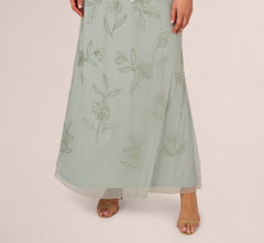 Plus Size Flutter Sleeve Floral Beaded Blouson Gown In Aqua Dust