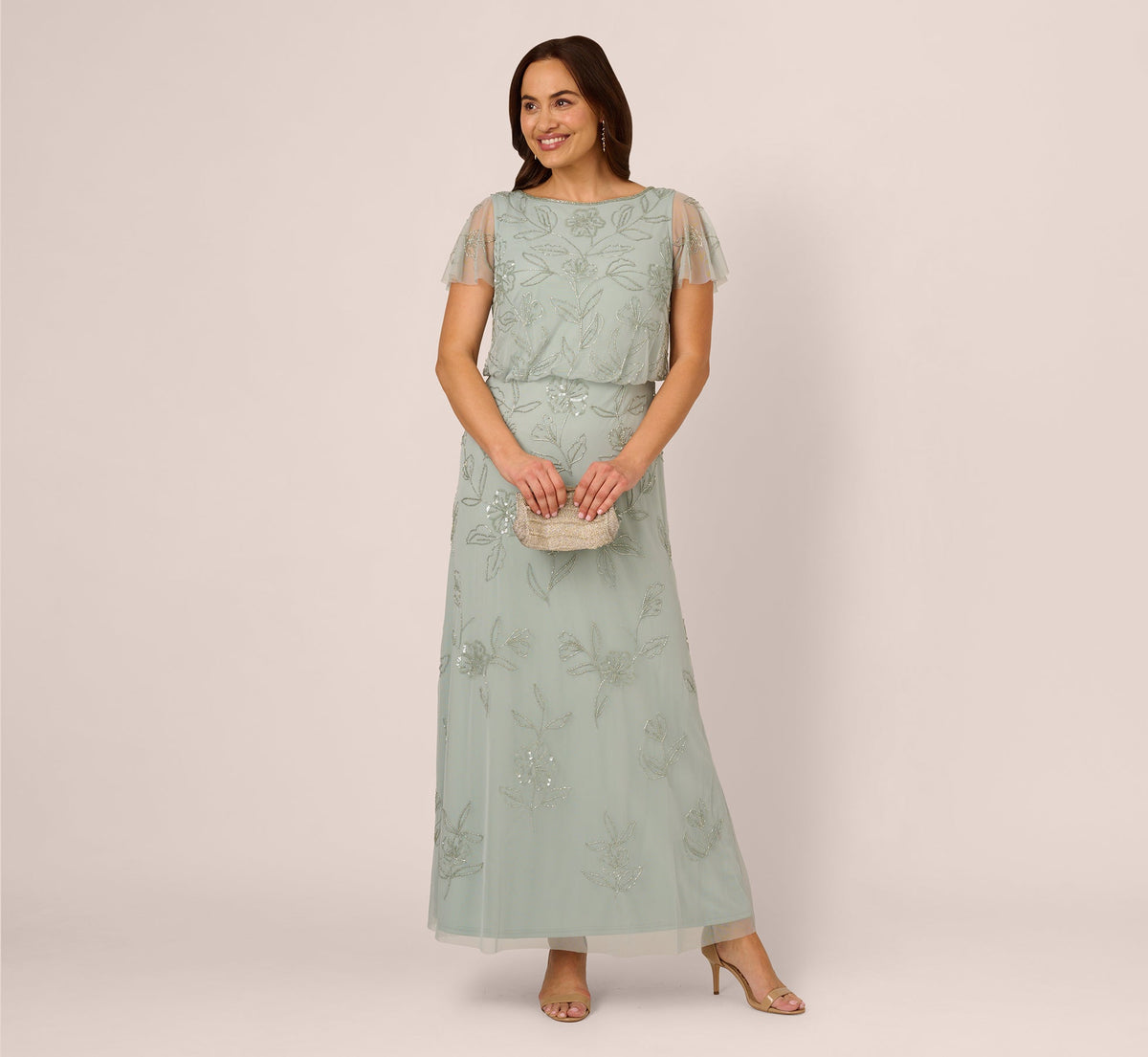 Plus Size Flutter Sleeve Floral Beaded Blouson Gown In Aqua Dust