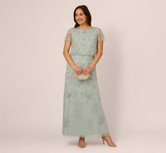 Plus Size Flutter Sleeve Floral Beaded Blouson Gown In Aqua Dust