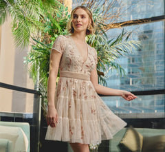 Cap Sleeve Pearly Sequin Cocktail Dress In Pale Pink