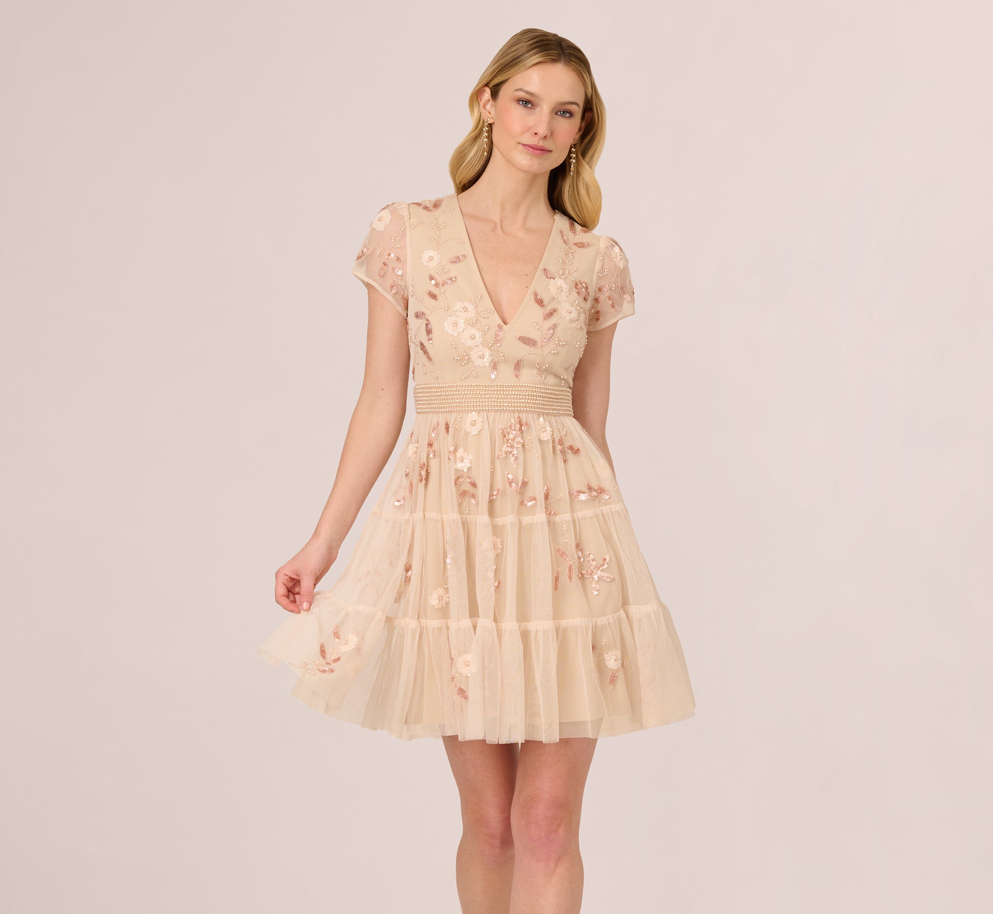 Cap Sleeve Pearly Sequin Cocktail Dress In Pale Pink