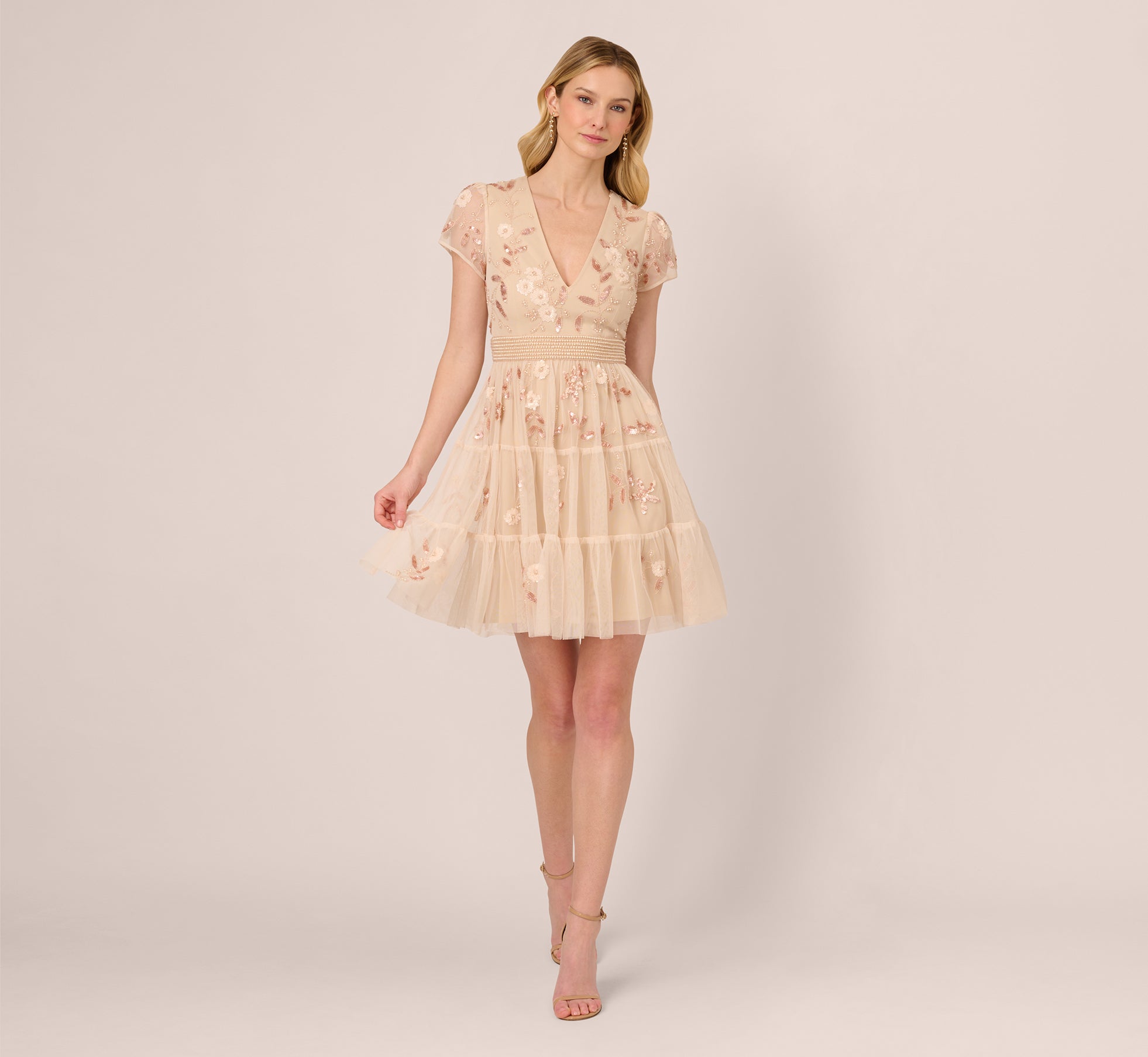 Cap Sleeve Pearly Sequin Cocktail Dress In Pale Pink