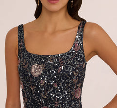 Sleeveless Sequin Floral Beaded Midi Dress In Navy Pink Multi