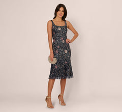 Sleeveless Sequin Floral Beaded Midi Dress In Navy Pink Multi