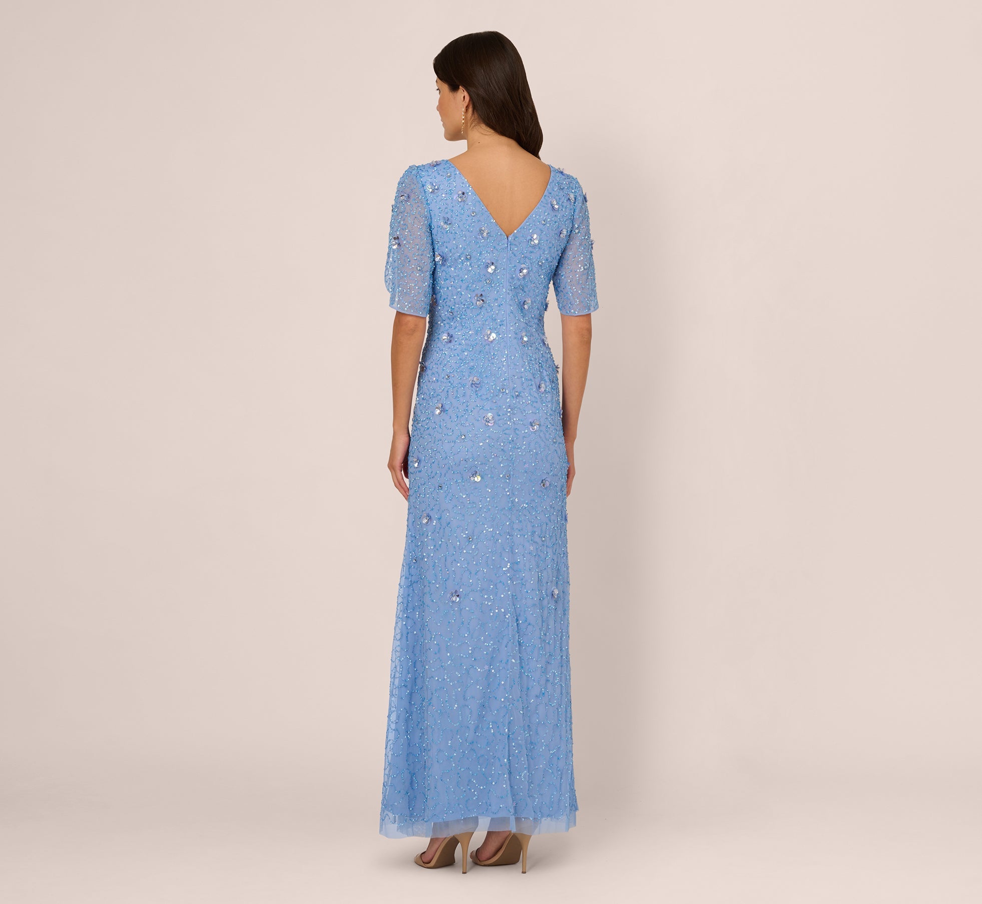 Tulip Sleeve 3D Floral Beaded Mermaid Dress In Bluebell