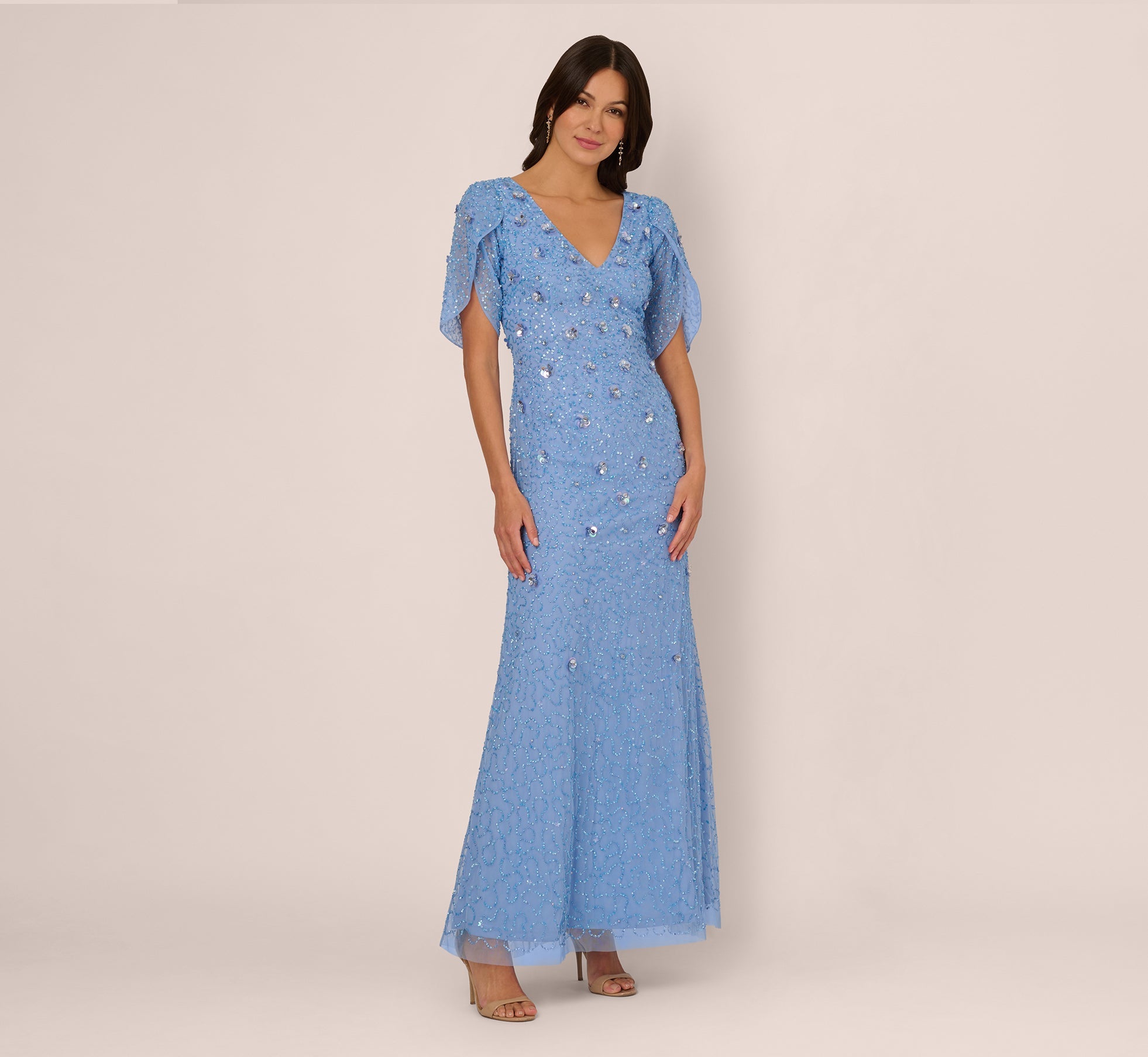 Tulip Sleeve 3D Floral Beaded Mermaid Dress In Bluebell