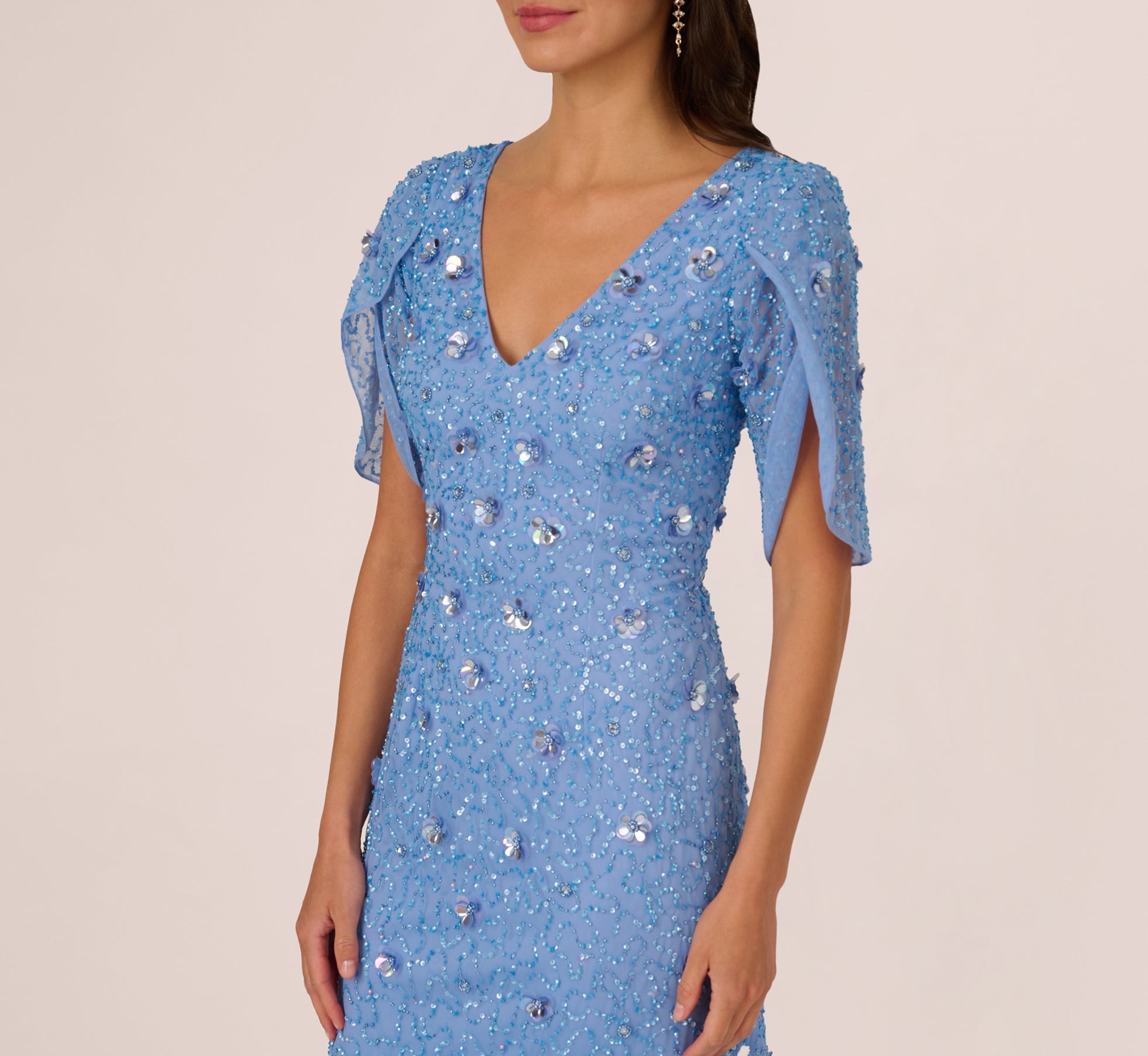 Tulip Sleeve 3D Floral Beaded Mermaid Dress In Bluebell