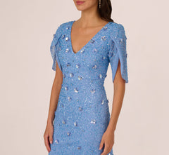 Tulip Sleeve 3D Floral Beaded Mermaid Dress In Bluebell