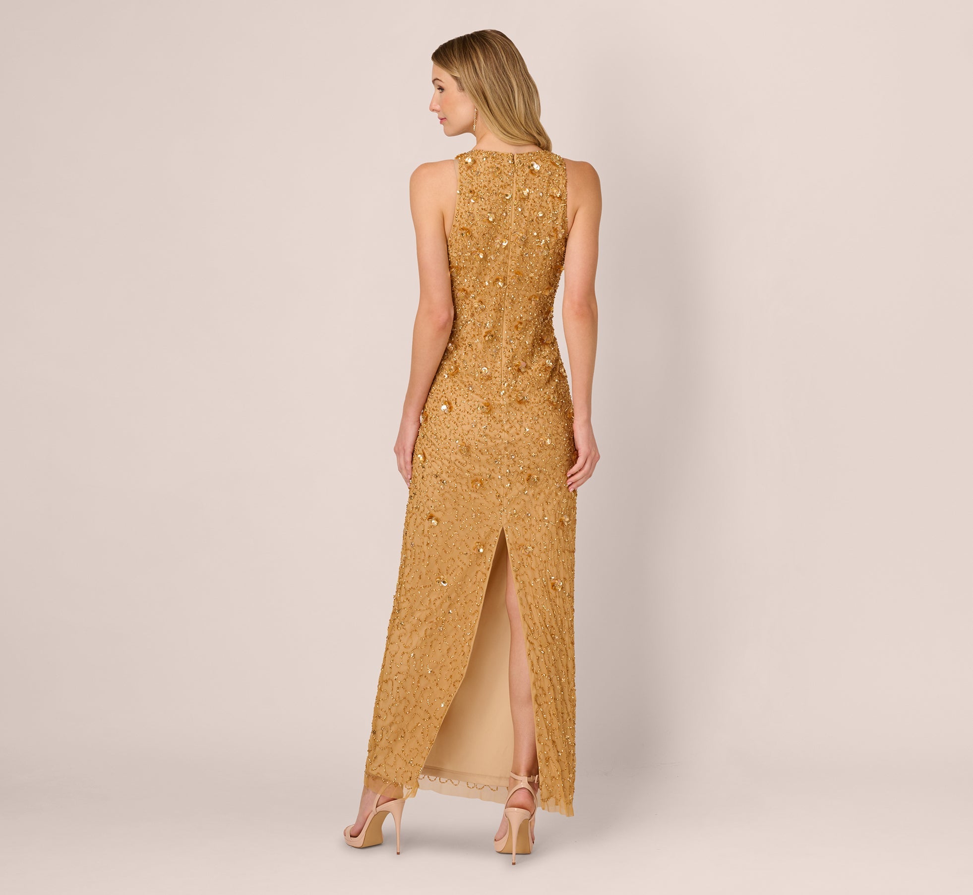 Sleeveless V Neck 3D Floral Beaded Gown In Golden Ray