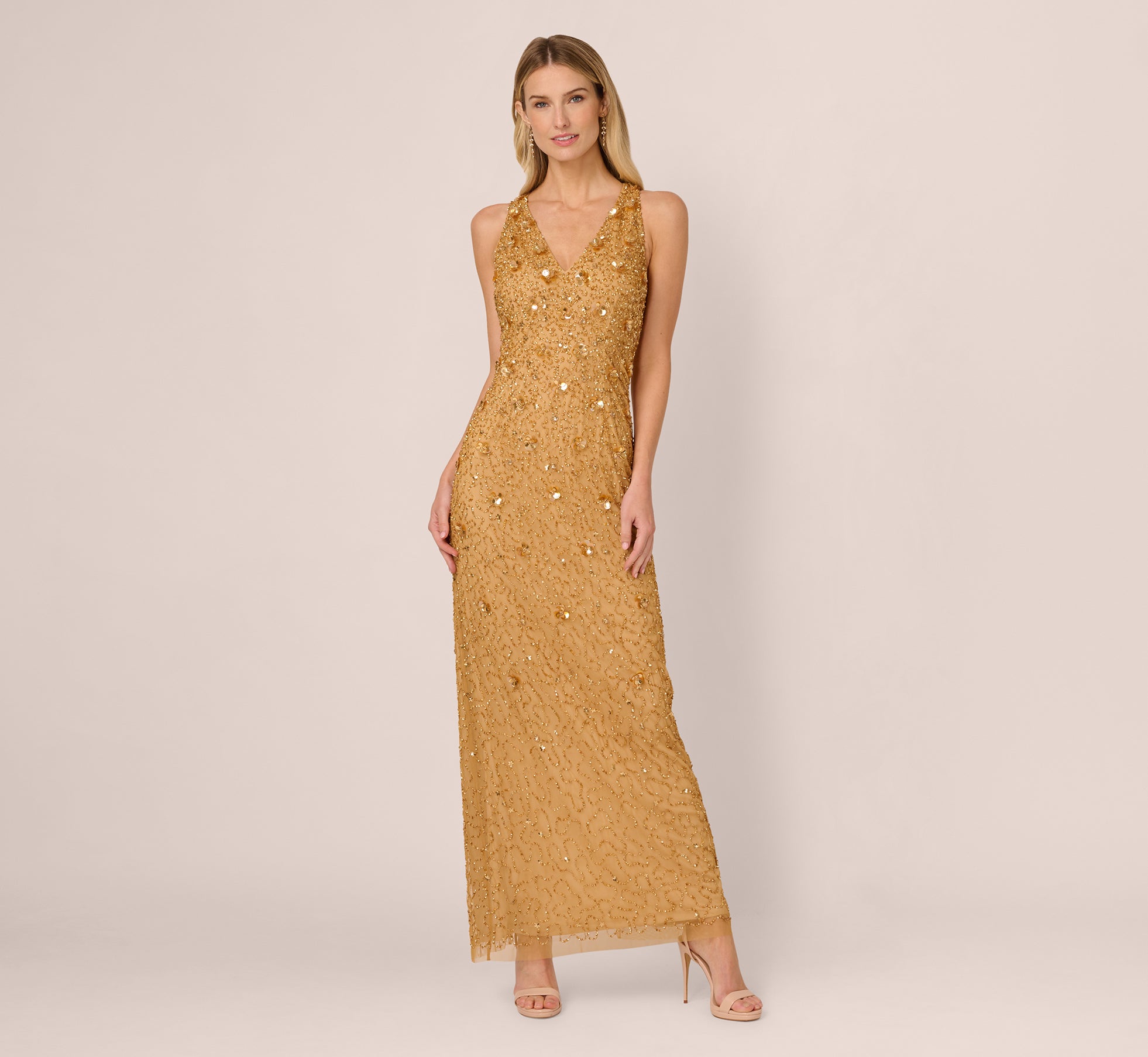 Sleeveless V Neck 3D Floral Beaded Gown In Golden Ray