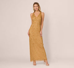 Sleeveless V Neck 3D Floral Beaded Gown In Golden Ray