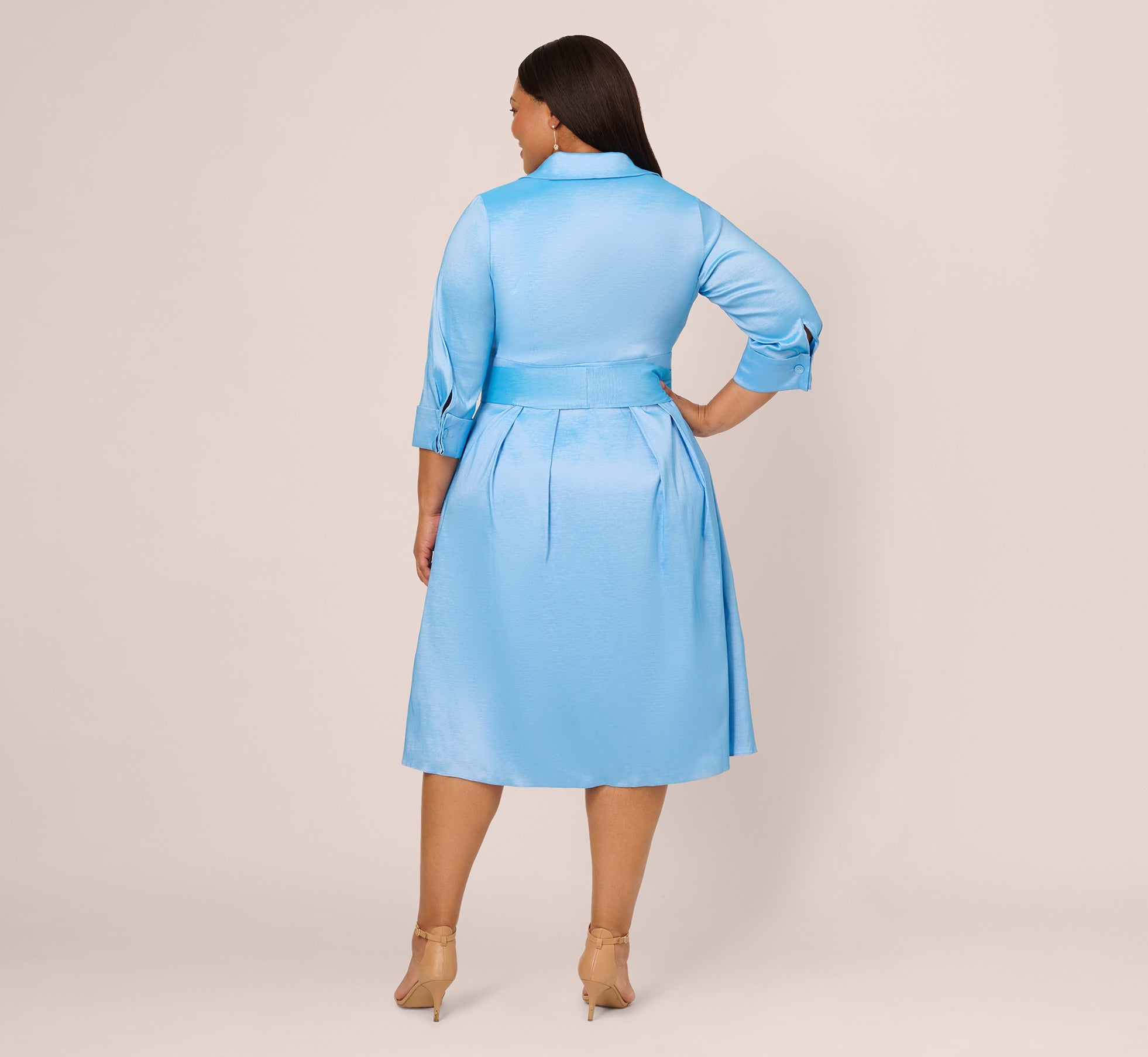 Plus Size Three Quarter Sleeve Taffeta Midi Shirt Dress In Bluebell