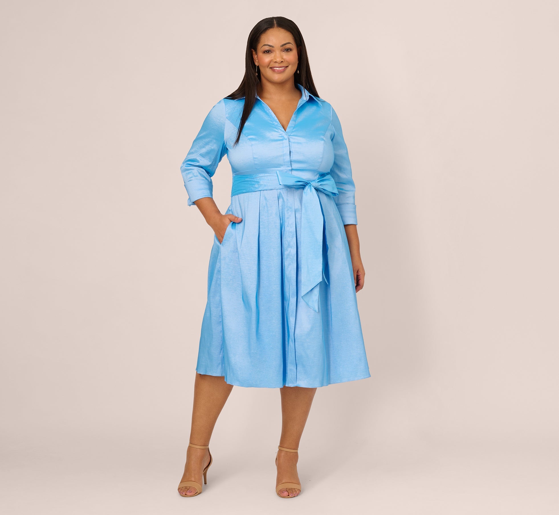Plus Size Three Quarter Sleeve Taffeta Midi Shirt Dress In Bluebell