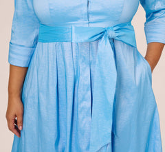 Plus Size Three Quarter Sleeve Taffeta Midi Shirt Dress In Bluebell