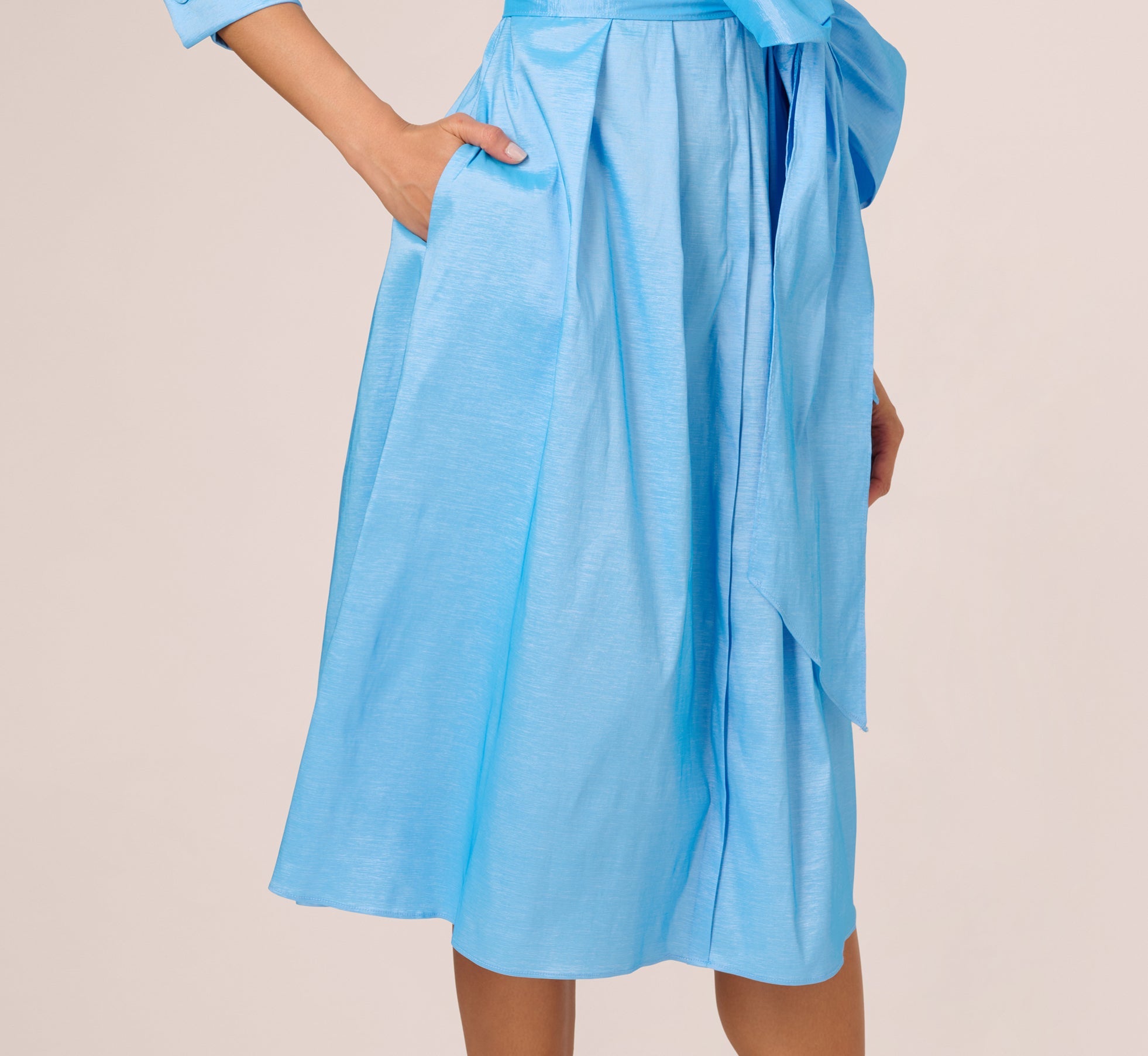 Three Quarter Sleeve Taffeta Midi Shirt Dress In Bluebell