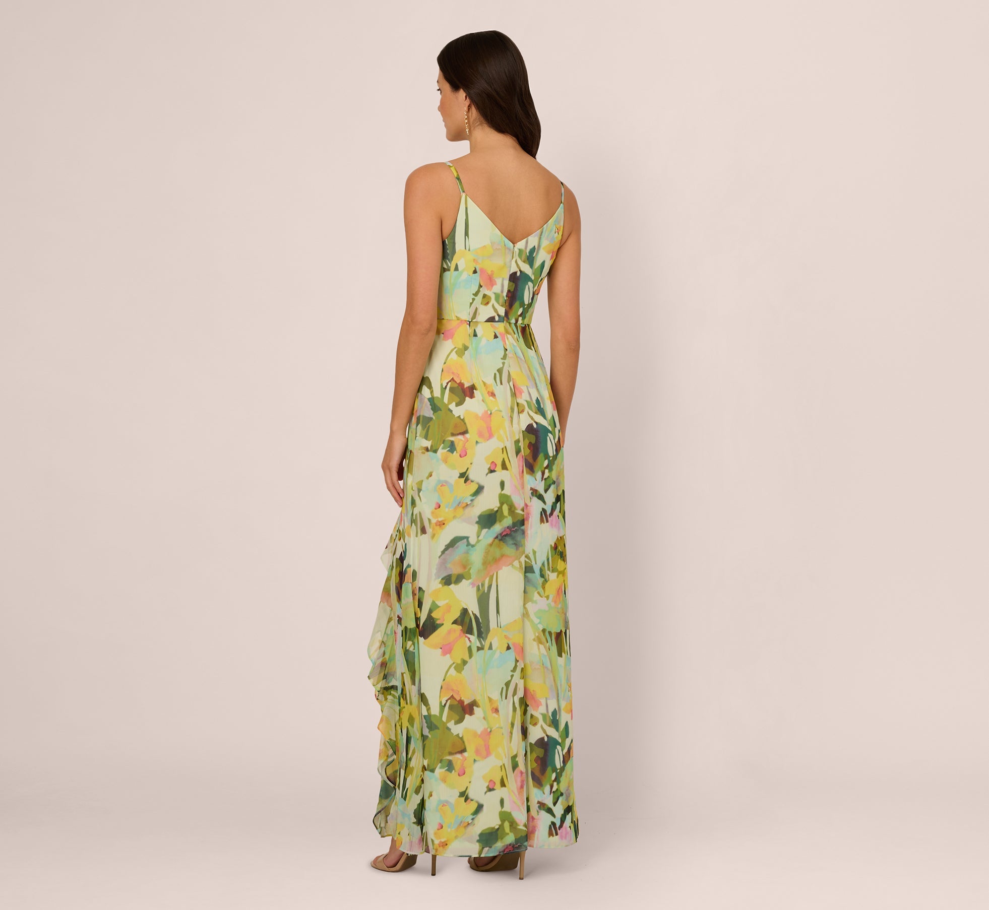 Sleeveless Floral Chiffon Ruffle Cascade Gown In Green Multi