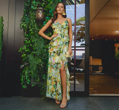 Sleeveless Floral Chiffon Ruffle Cascade Gown In Green Multi