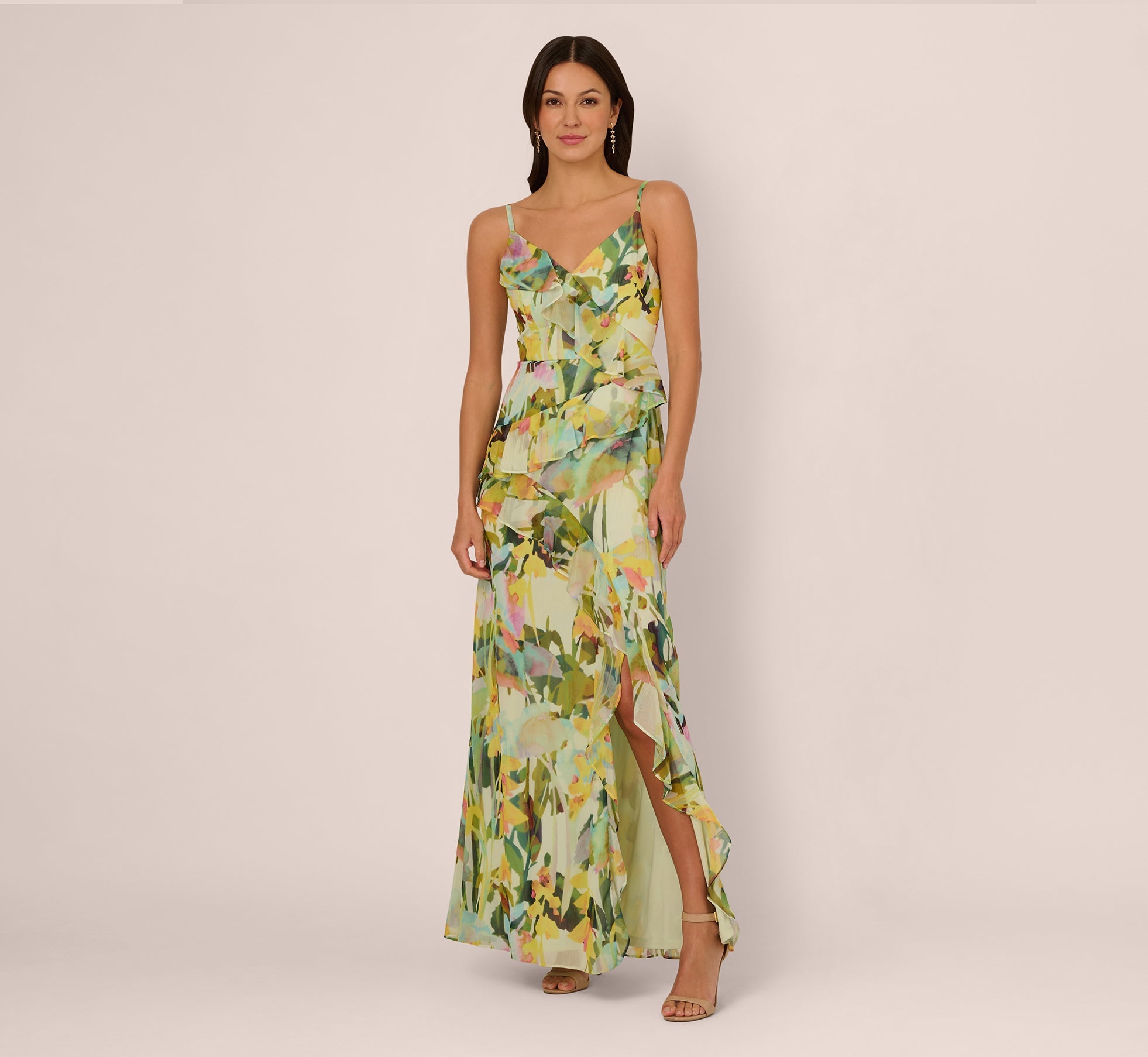 Sleeveless Floral Chiffon Ruffle Cascade Gown In Green Multi