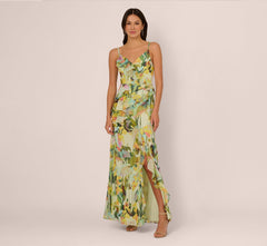 Sleeveless Floral Chiffon Ruffle Cascade Gown In Green Multi