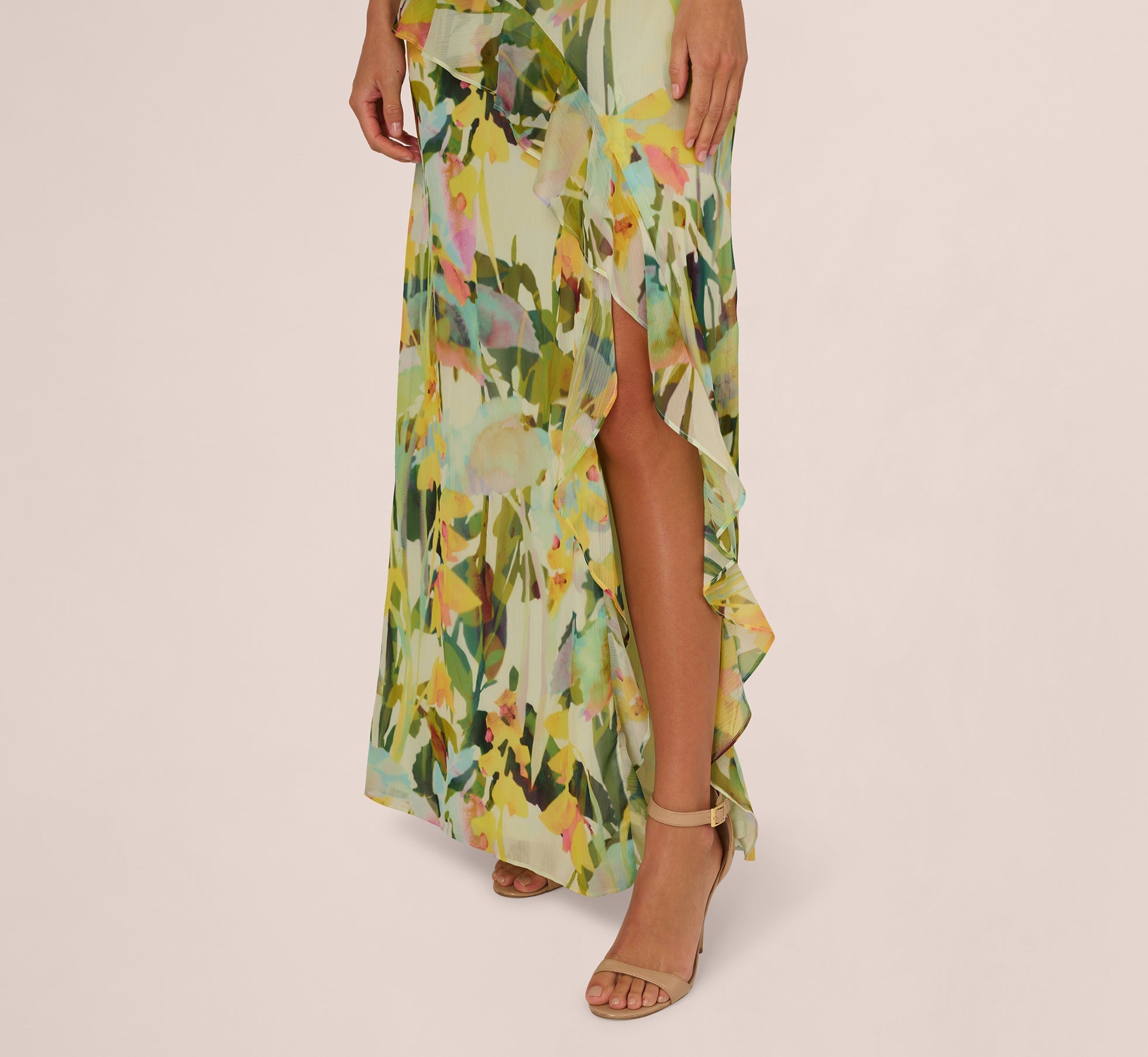 Sleeveless Floral Chiffon Ruffle Cascade Gown In Green Multi