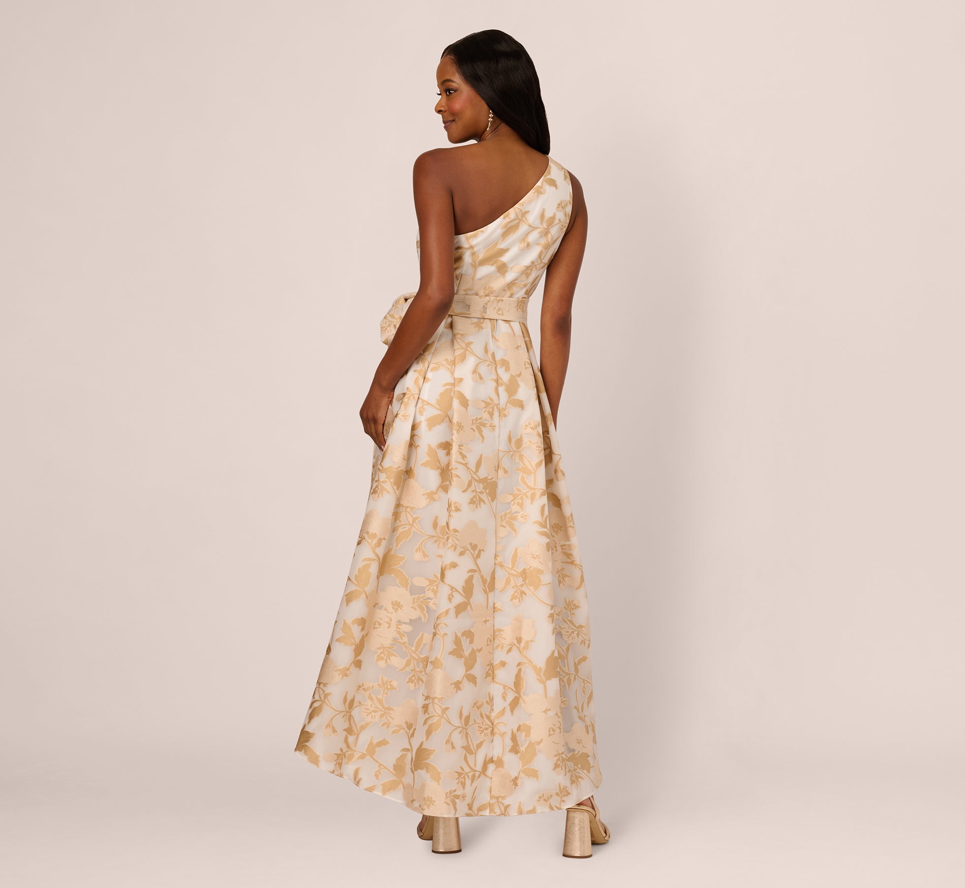 One Shoulder Organza Jacquard High Low Gown In Champagne Ivory