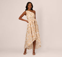 One Shoulder Organza Jacquard High Low Gown In Champagne Ivory