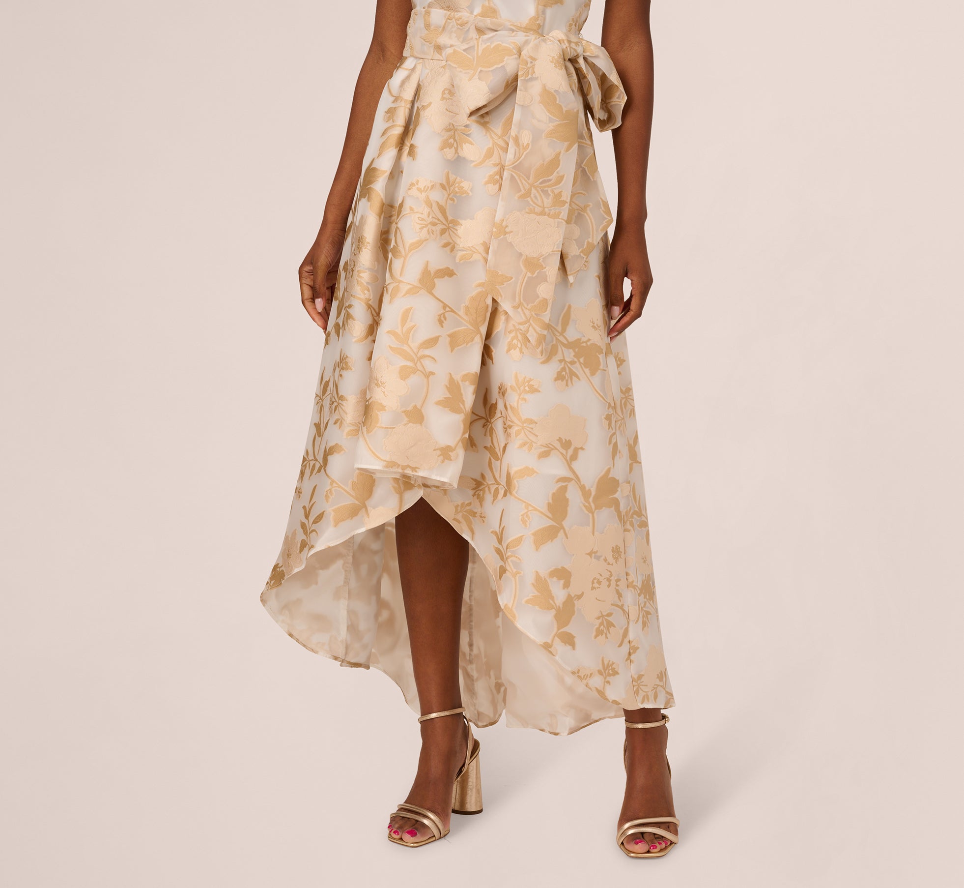 One Shoulder Organza Jacquard High Low Gown In Champagne Ivory