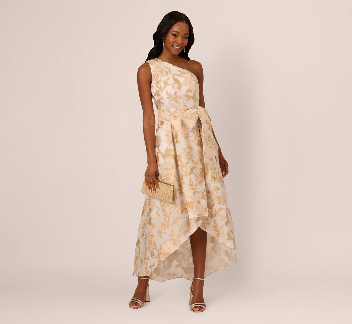 One Shoulder Organza Jacquard High Low Gown In Champagne Ivory