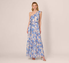One Shoulder Metallic Stripe Floral Maxi Dress In Champagne Blue Multi