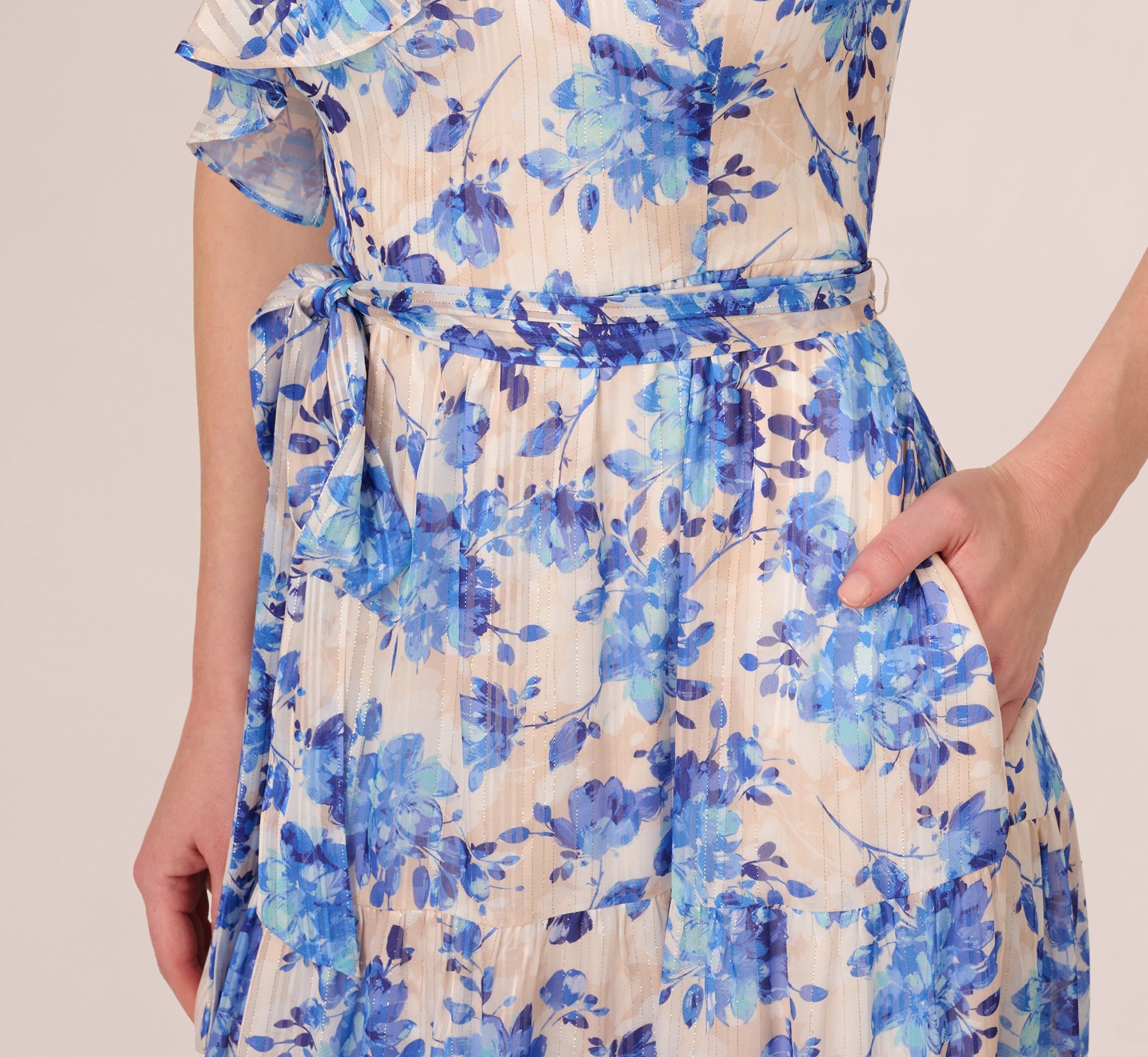 One Shoulder Metallic Stripe Floral Maxi Dress In Champagne Blue Multi