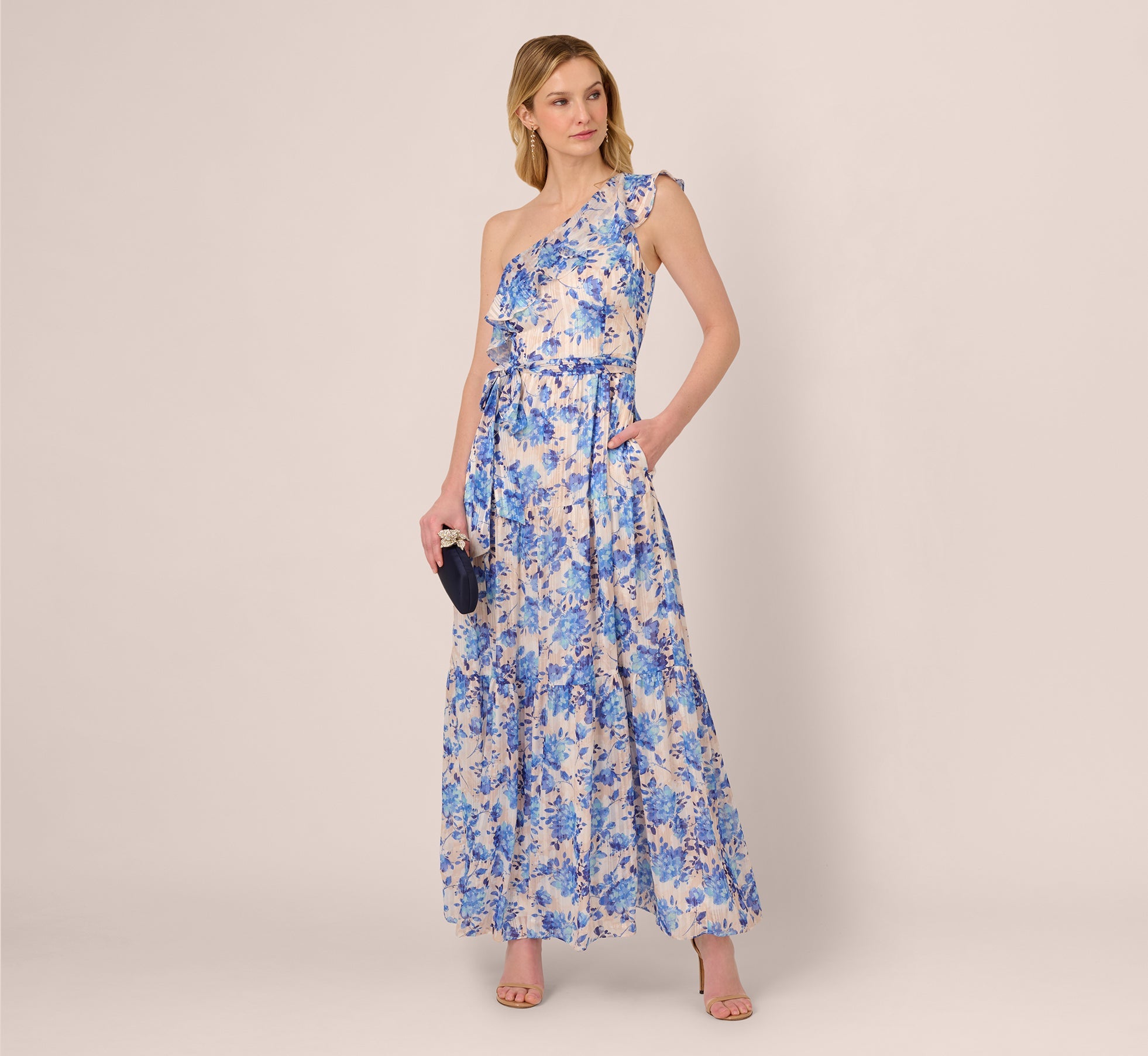 One Shoulder Metallic Stripe Floral Maxi Dress In Champagne Blue Multi