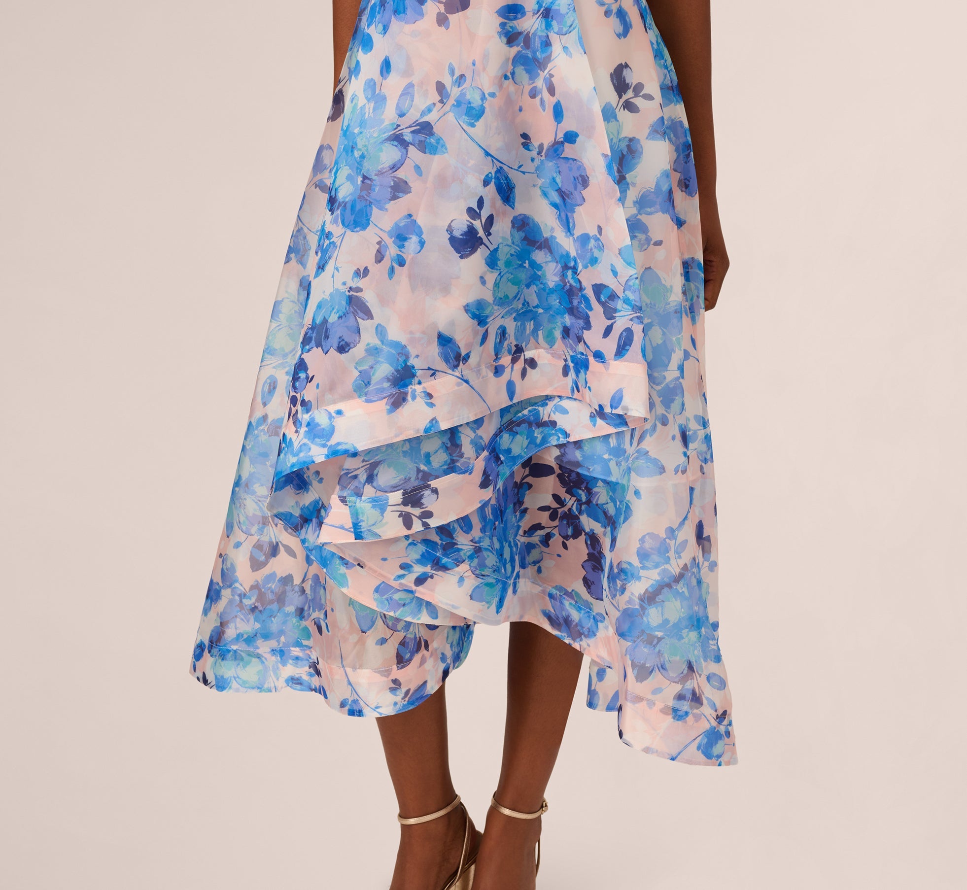 Sleeveless Floral Organza High Low Dress In Blush Blue Multi