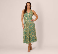 Plus Size Sleeveless Metallic Crinkle Midi Dress In Sage Gold