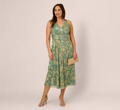 Plus Size Sleeveless Metallic Crinkle Midi Dress In Sage Gold