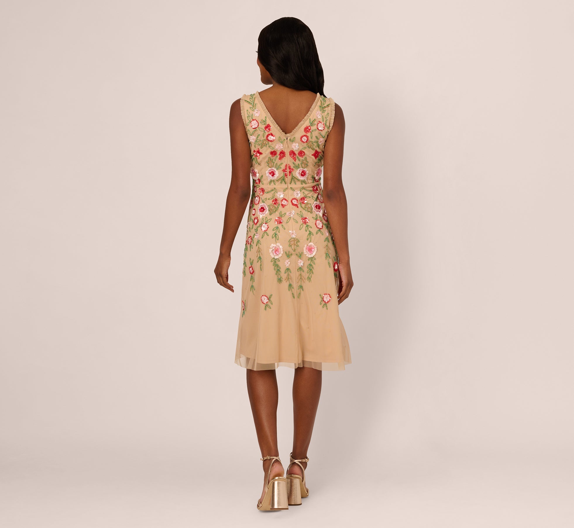 Sleeveless Fringe Trim Floral Bead Midi Dress In Nude Multi