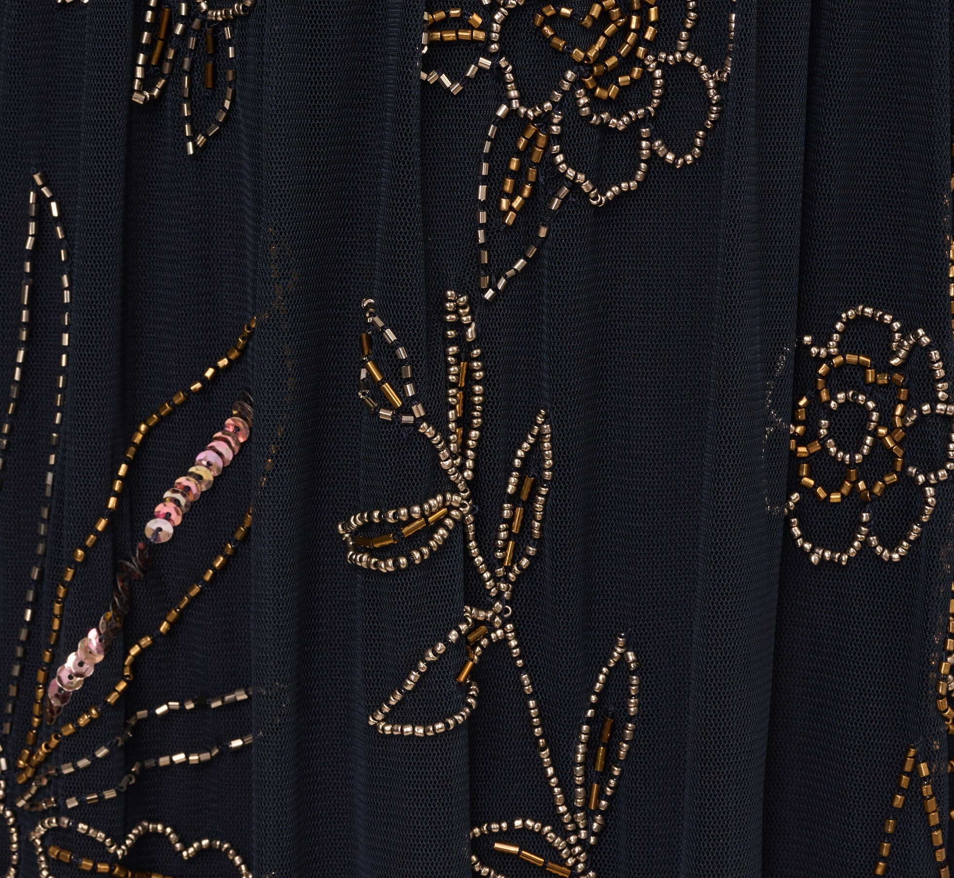 Three Quarter Sleeve Collared Floral Beaded Gown In Midnight Multi